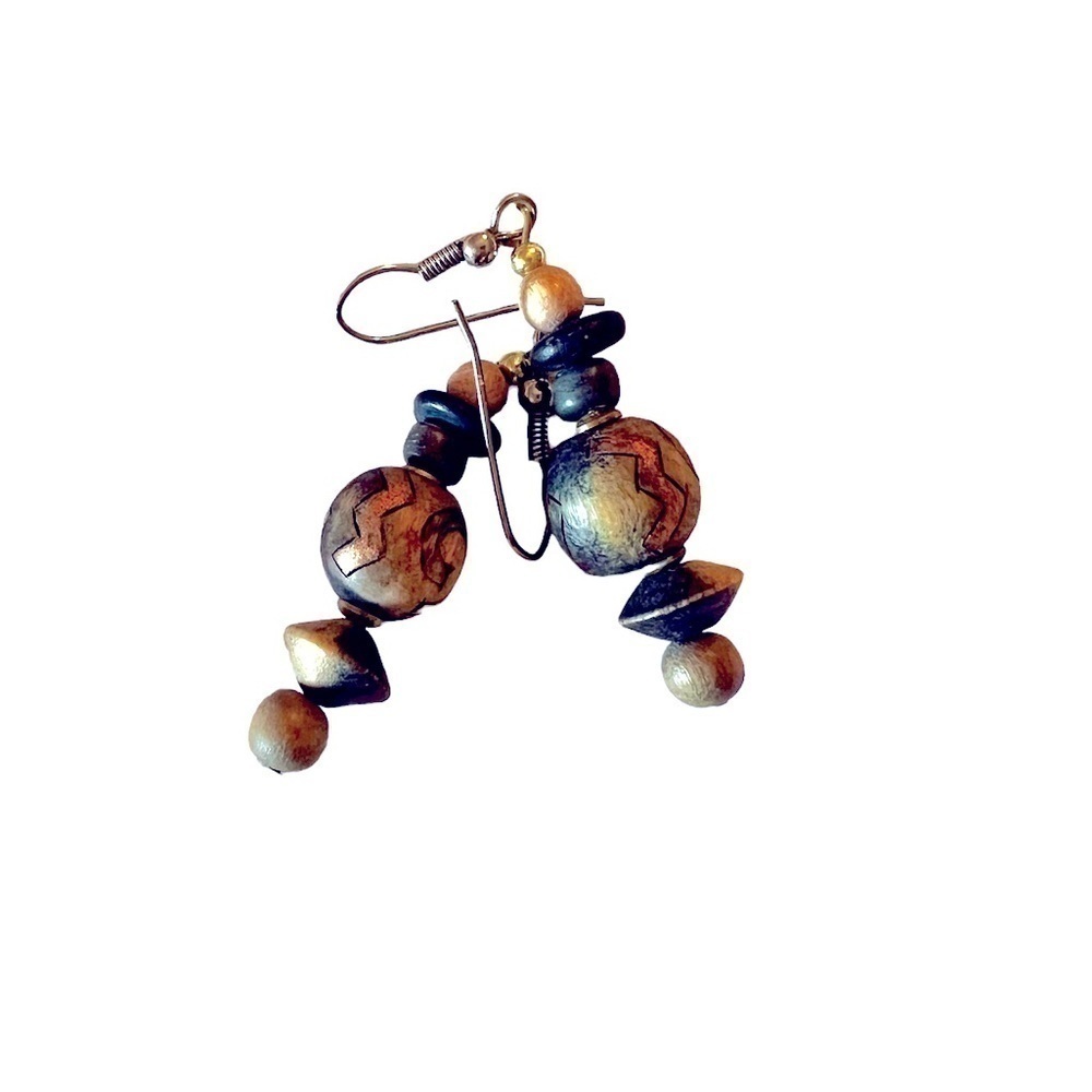 BLUE and gold hand painted wooden earrings, boho and unusual.